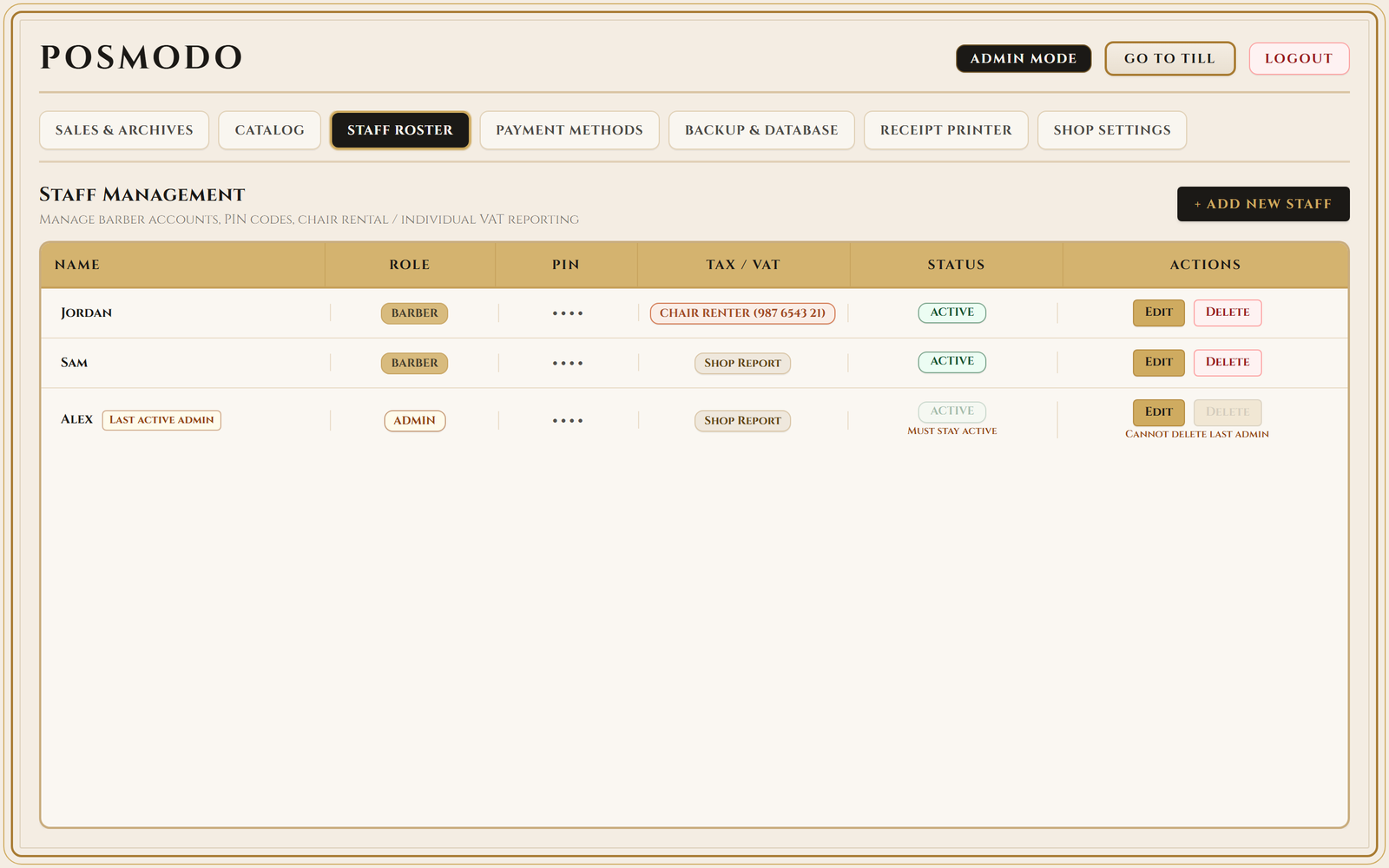 Staff administration showing team members, roles and PINs