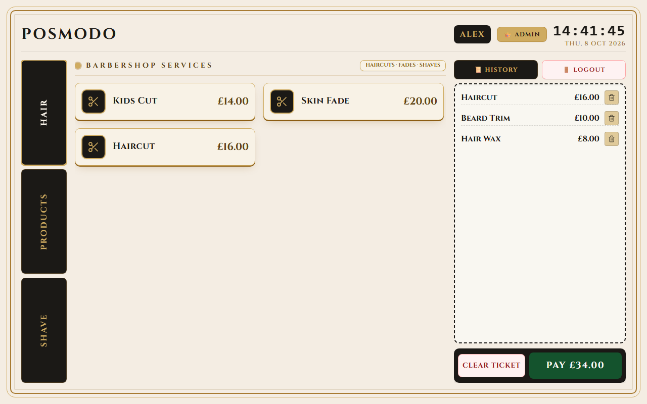 POSModo till in Golden Touch palette with menu on the left and ticket on the right