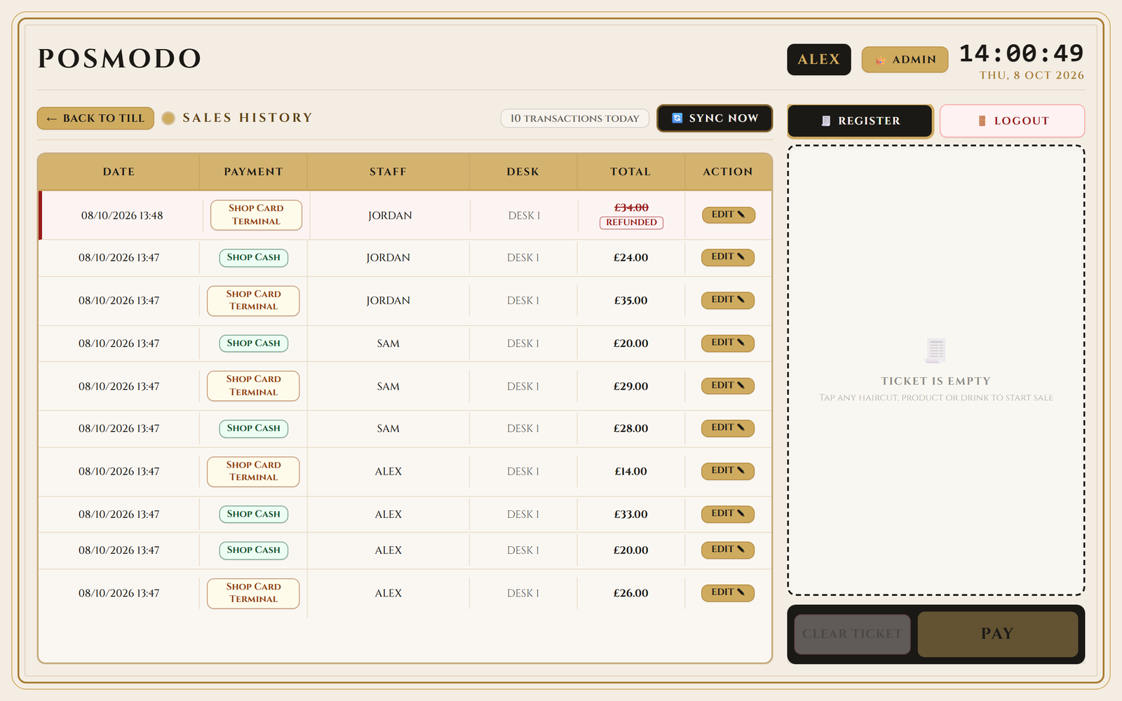 Till sales history with timestamps and totals