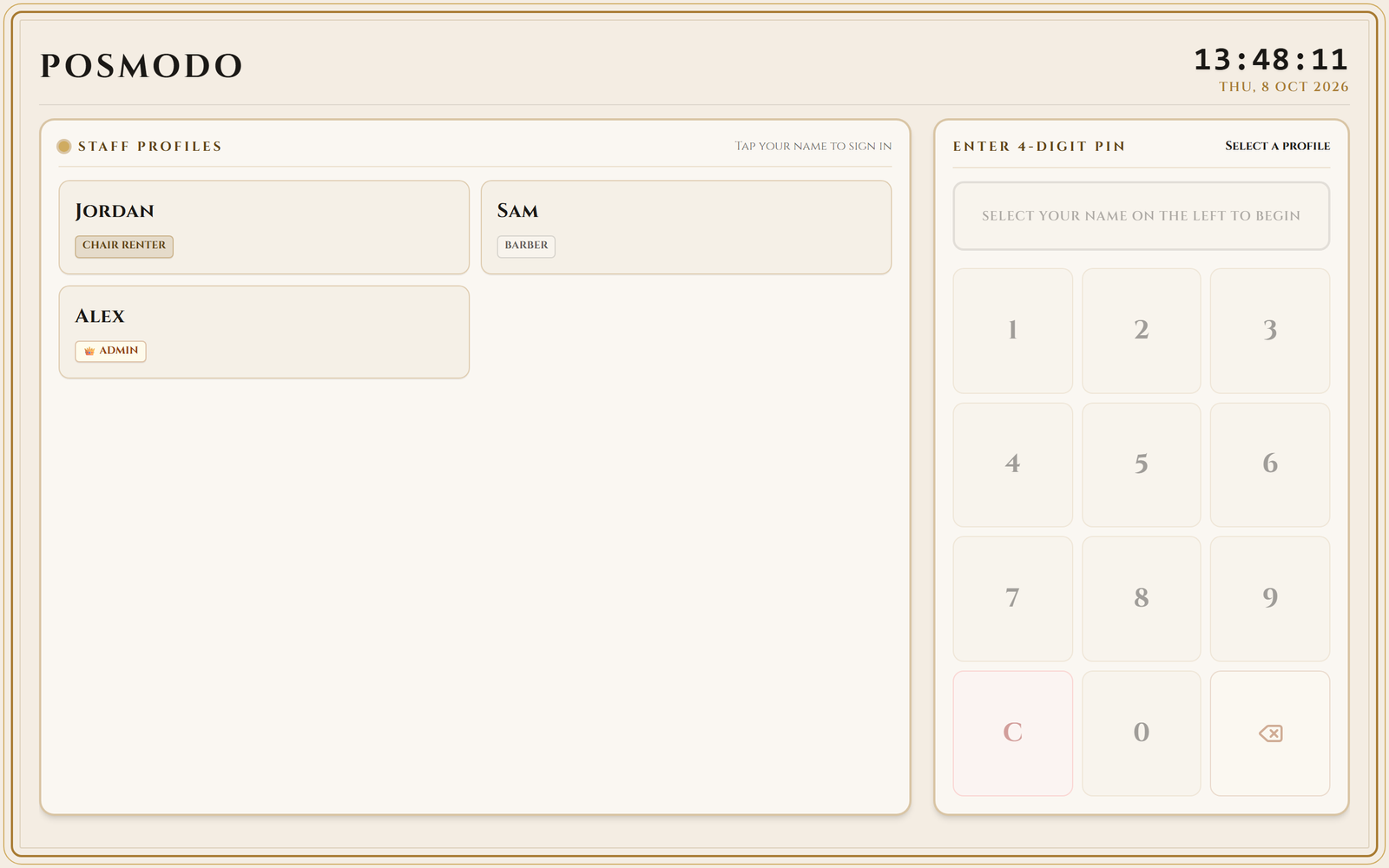Fast staff login screen with PIN pad