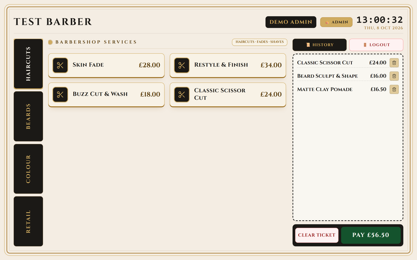 The till with the menu on the left and an open ticket