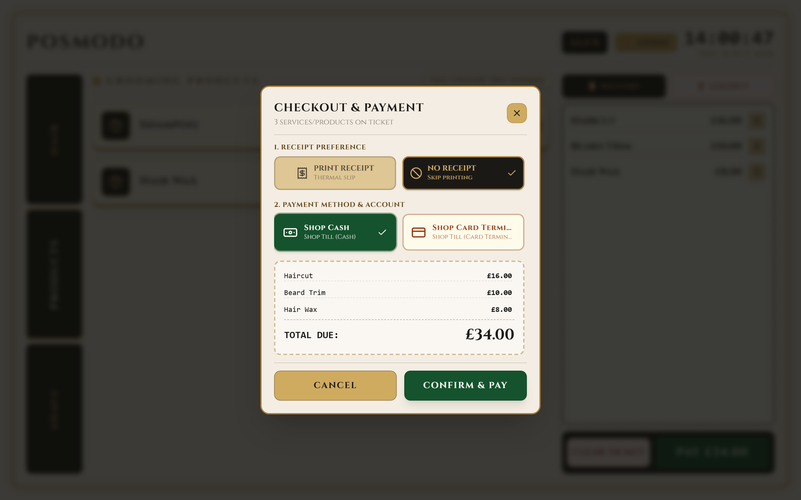 The till checkout with items on the ticket and payment dialog open